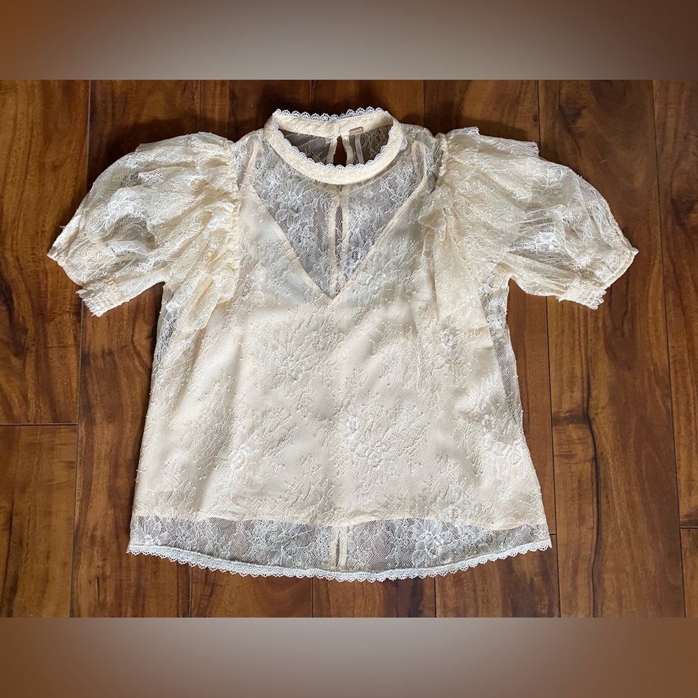 Free People Lace Poof Sleeve Blouse